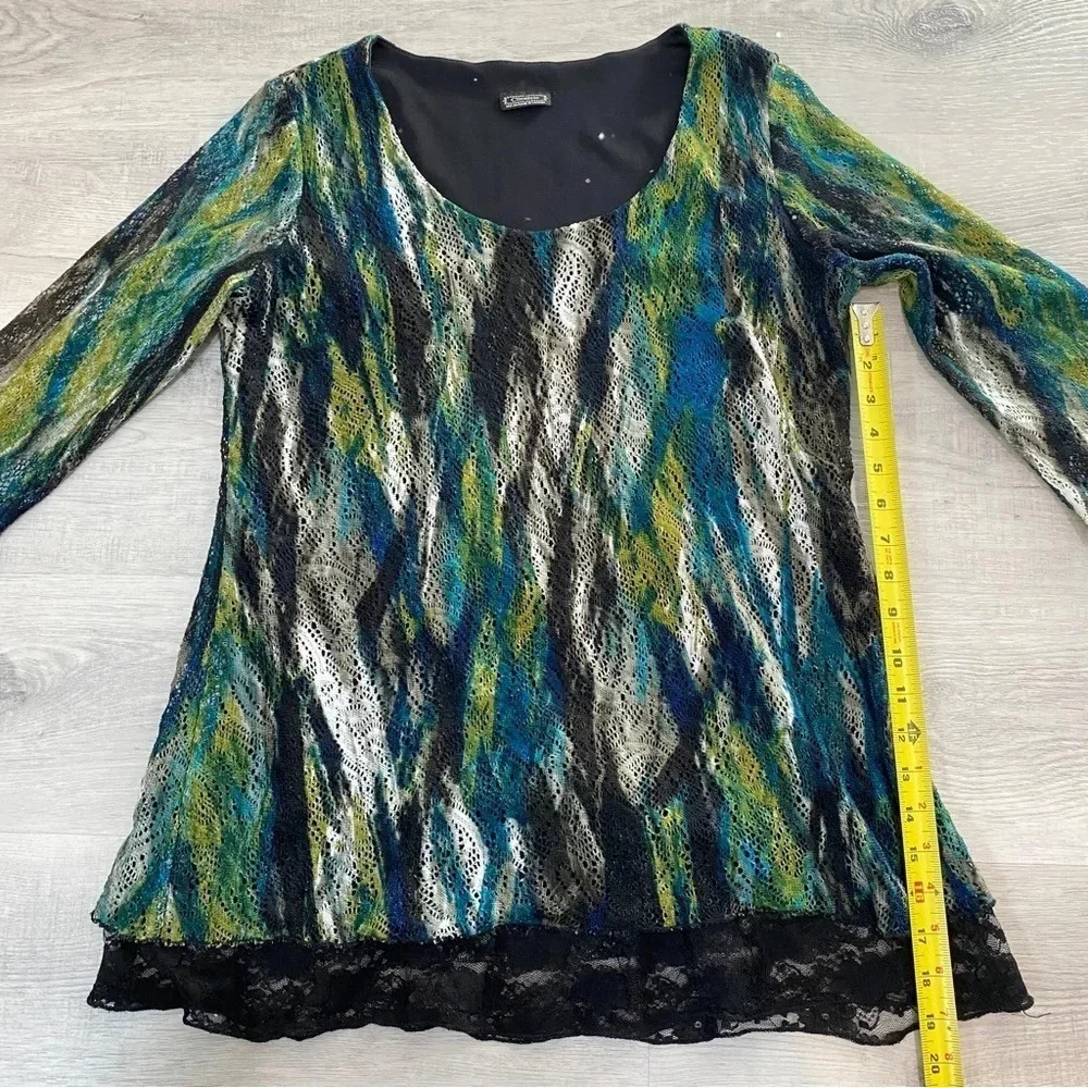 Clientele Watercolor Lace Overlay Frilly Blouse Size M